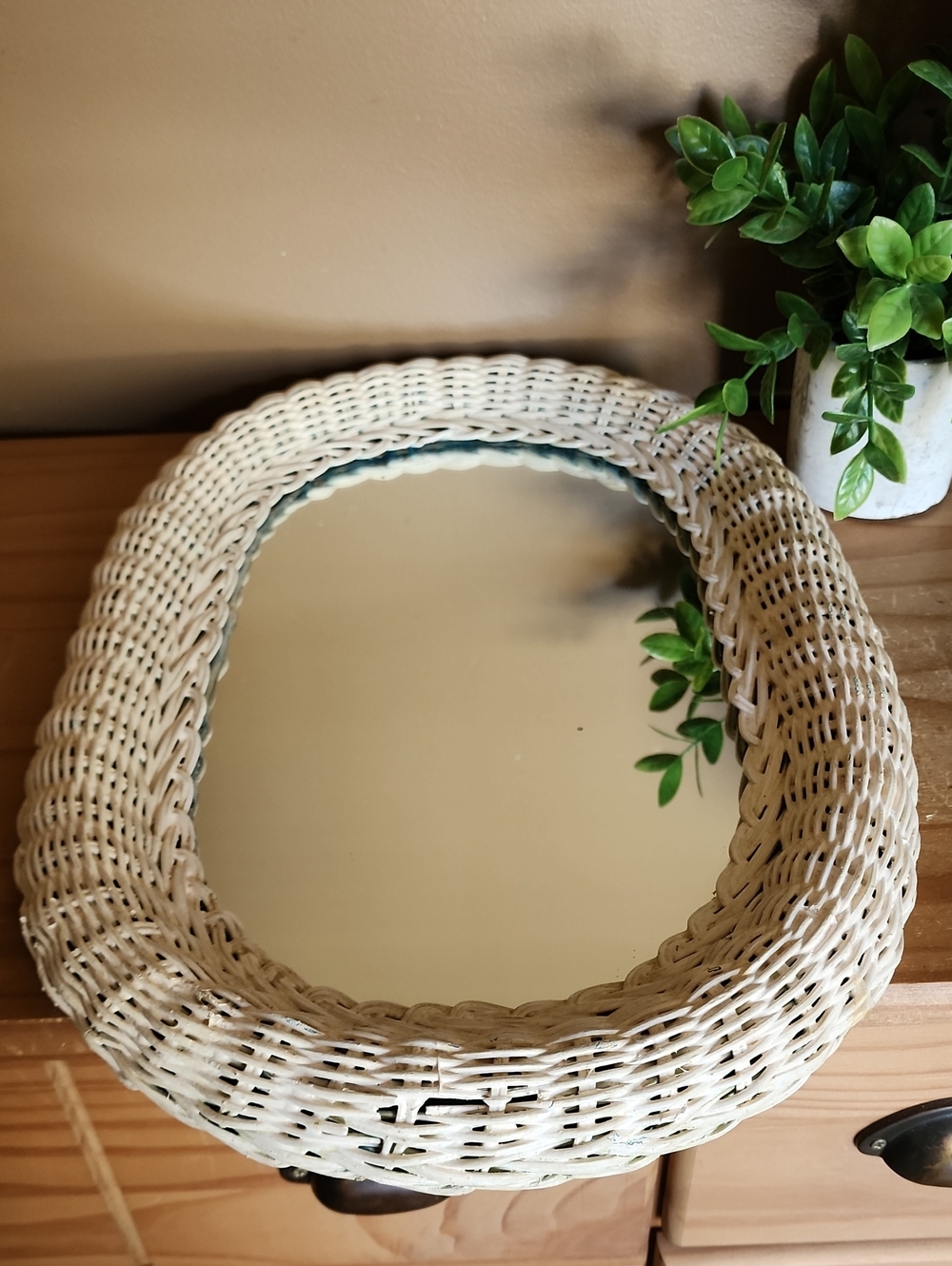 Vintage Oval White Wicker  Wall Mirror Shabby Chic